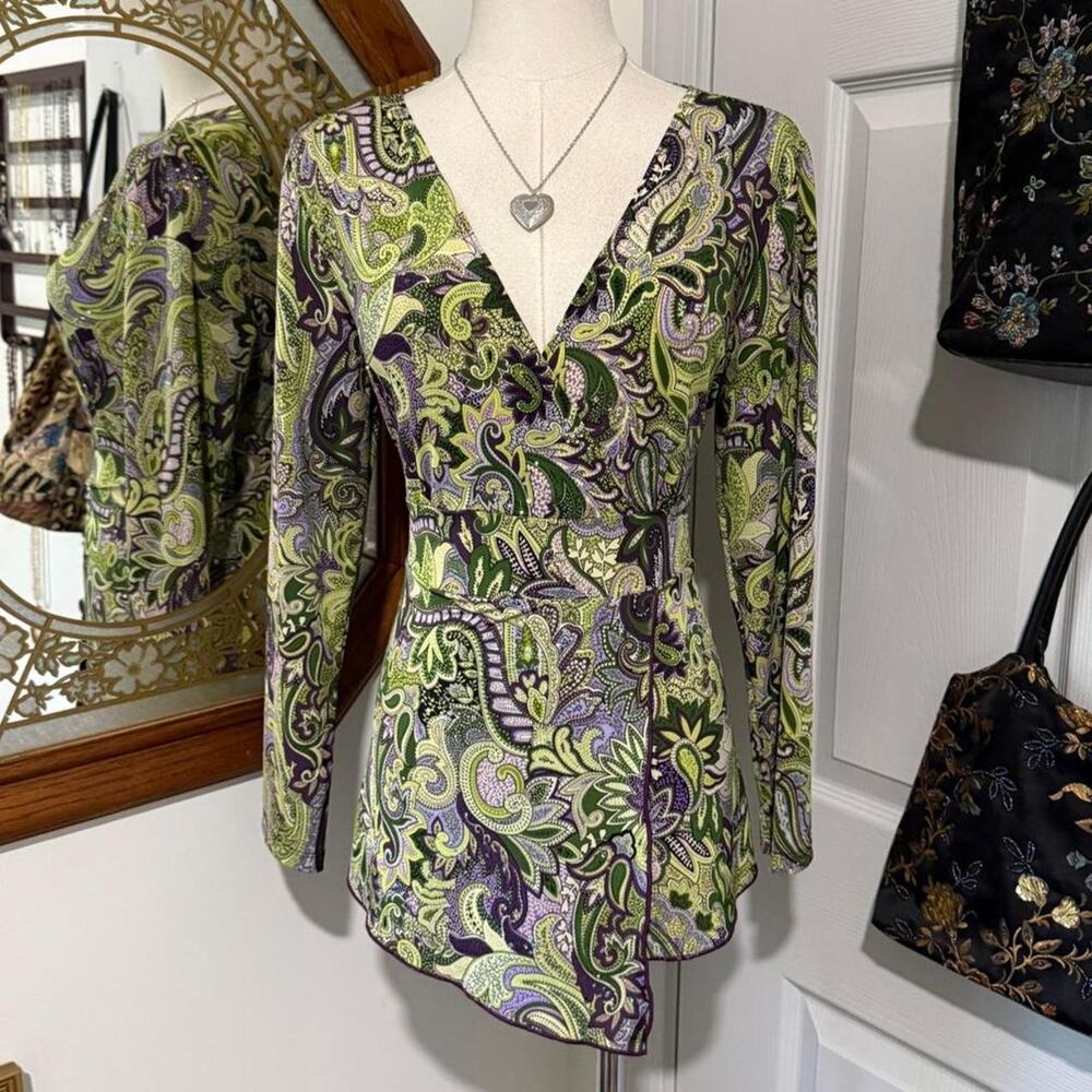 VTG Y2K Susan Lawrence Green & Purple Iridescent Sequin Paisley Whimsy Top M